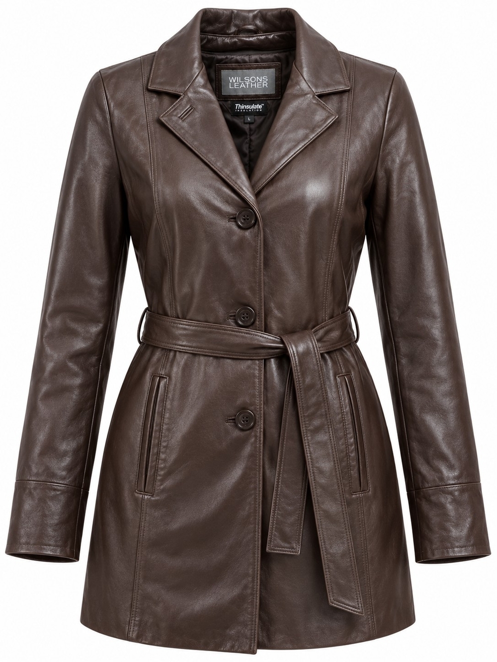 WILSONS LEATHER | Brown Leather Belted Thinsulate 90s Y2K Trench Jacket | L
